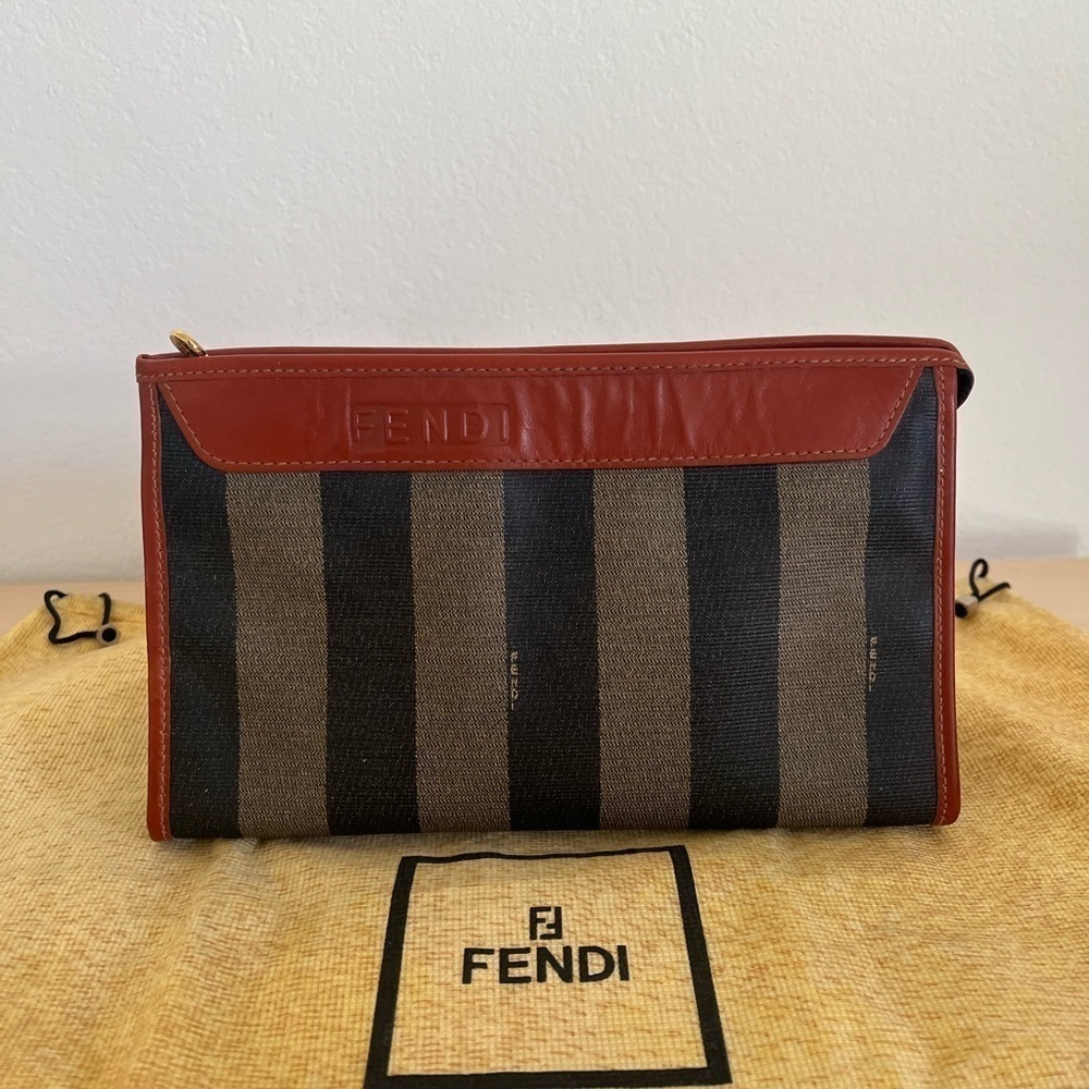 RARE Fendi Pecan Striped Clutch Cosmetic Pouch EUC Vintage 1980-1985
